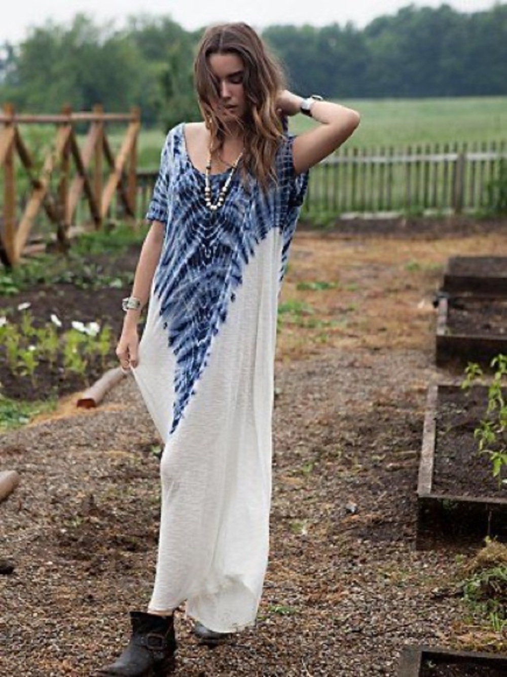Free People Blue and White Tie-Dye V-Neck Maxi Dress